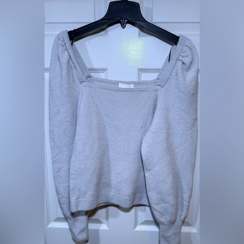 H&M Square Neck Puff Sleeve Sweater Oatmeal Beige Knit Top Medium NWT